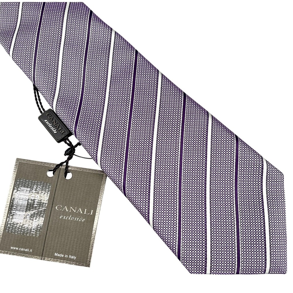 Canali Tie Mens Purple Jacquard Stripe 100% Silk Made Italy Woven Necktie NEW